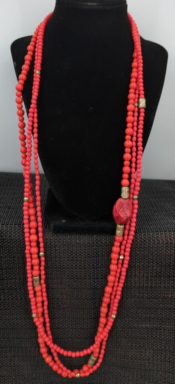 Vintage Fashion Necklace 18" Boho Multi-Strand Coral Red Beaded Statement